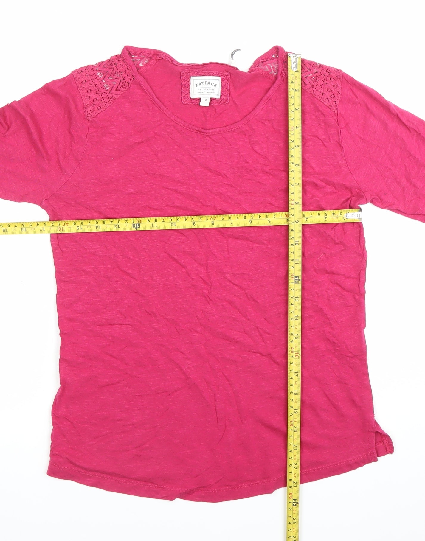 FatFace Womens Pink Lace Shoulder Long Sleeve Cotton Top Size 12