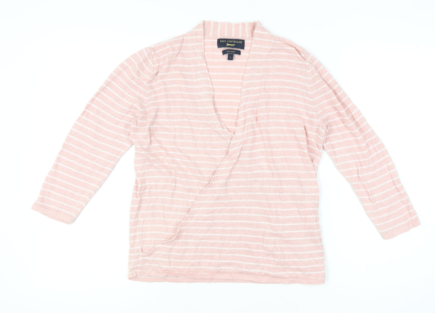 Paul Costelloe Women’s Pink Striped Linen Cardigan L V-Neck