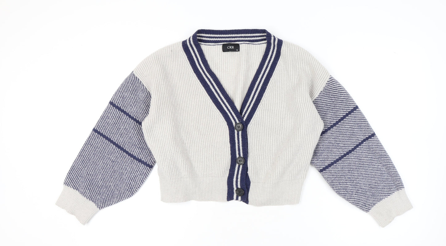 CDER Womens Beige Striped Cardigan XL V-Neck Knit Jumper