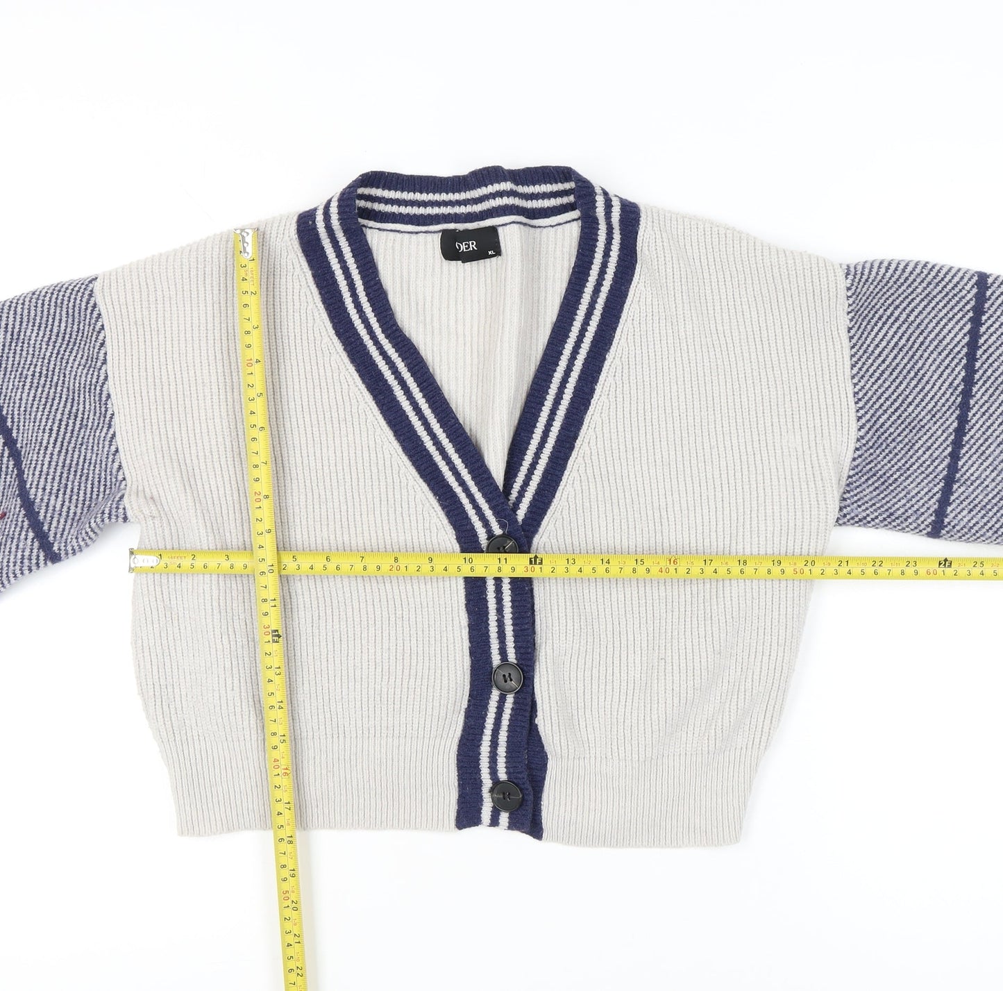 CDER Womens Beige Striped Cardigan XL V-Neck Knit Jumper