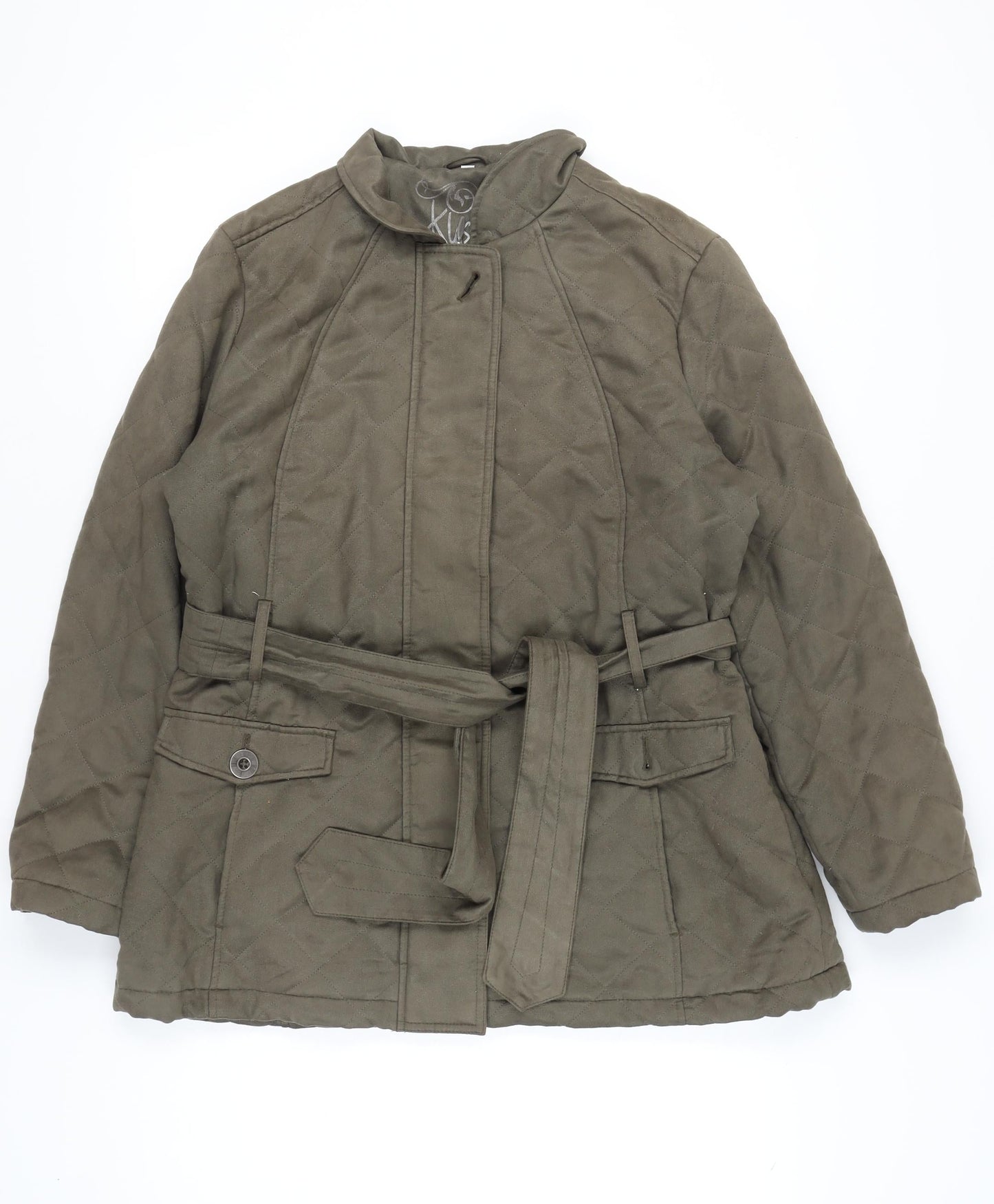 Klass Collection Womens Green Quilted Belted Coat Size 18