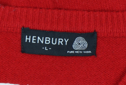 Henbury Men’s Red Wool V-Neck Pullover Jumper L Casual Sportswear