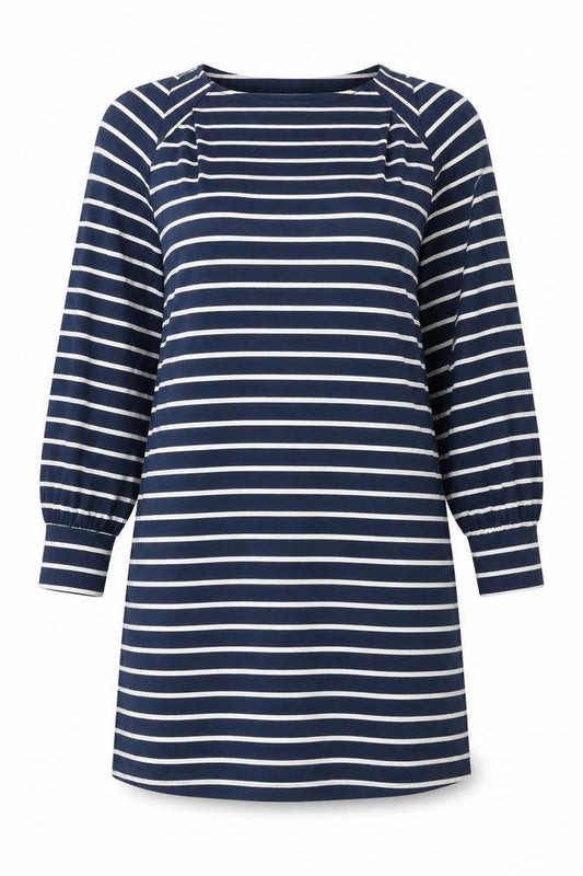 Front view of French Connection Women’s Blue Striped T-Shirt Dress, size S