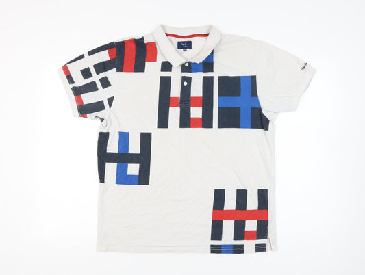 Pepe Jeans Men’s White Geometric Graphic Polo Shirt 2XL