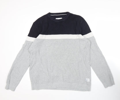 Jack & Jones Mens Grey & Black Striped Cotton Pullover Jumper L