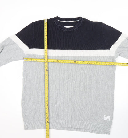 Jack & Jones Mens Grey & Black Striped Cotton Pullover Jumper L