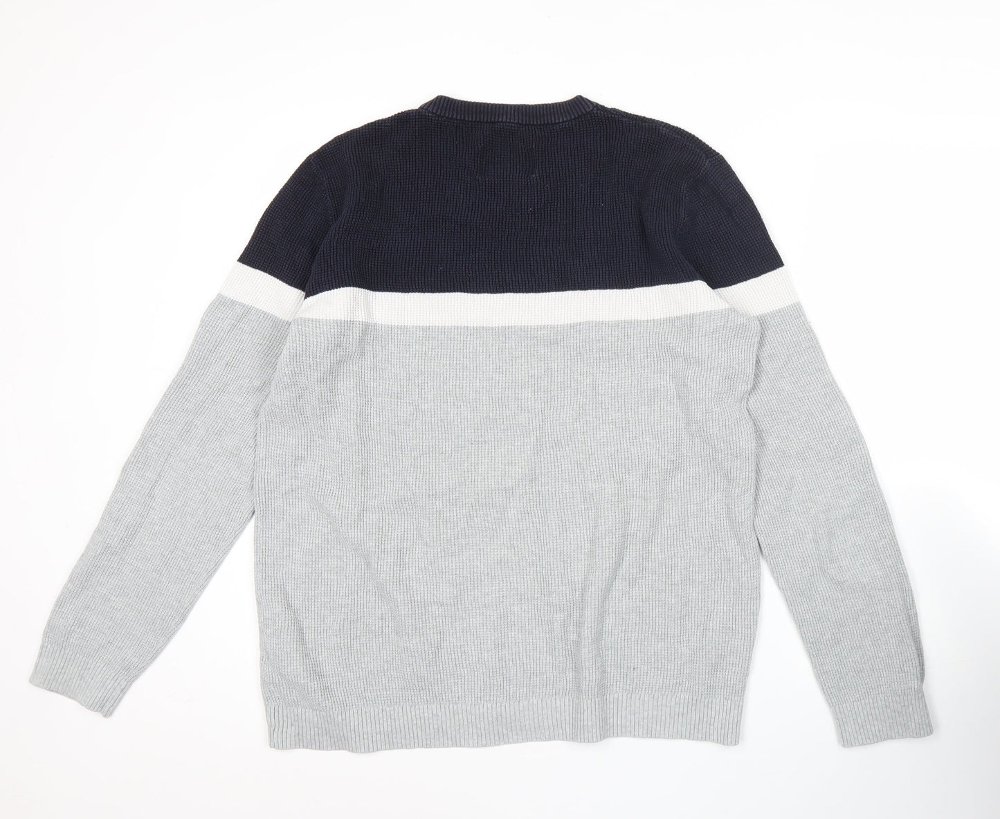 Jack & Jones Mens Grey & Black Striped Cotton Pullover Jumper L