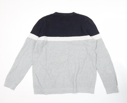 Jack & Jones Mens Grey & Black Striped Cotton Pullover Jumper L