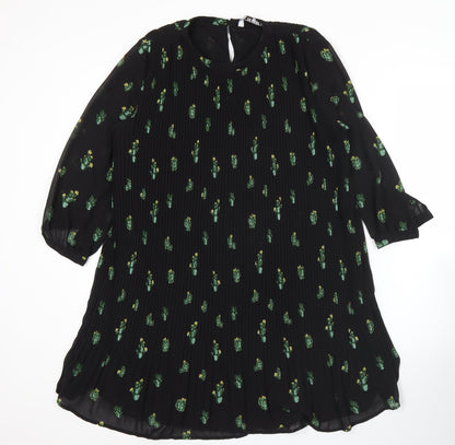 Zara Women Black XS Shift Dress Floral Pleated 3/4 Sleeve