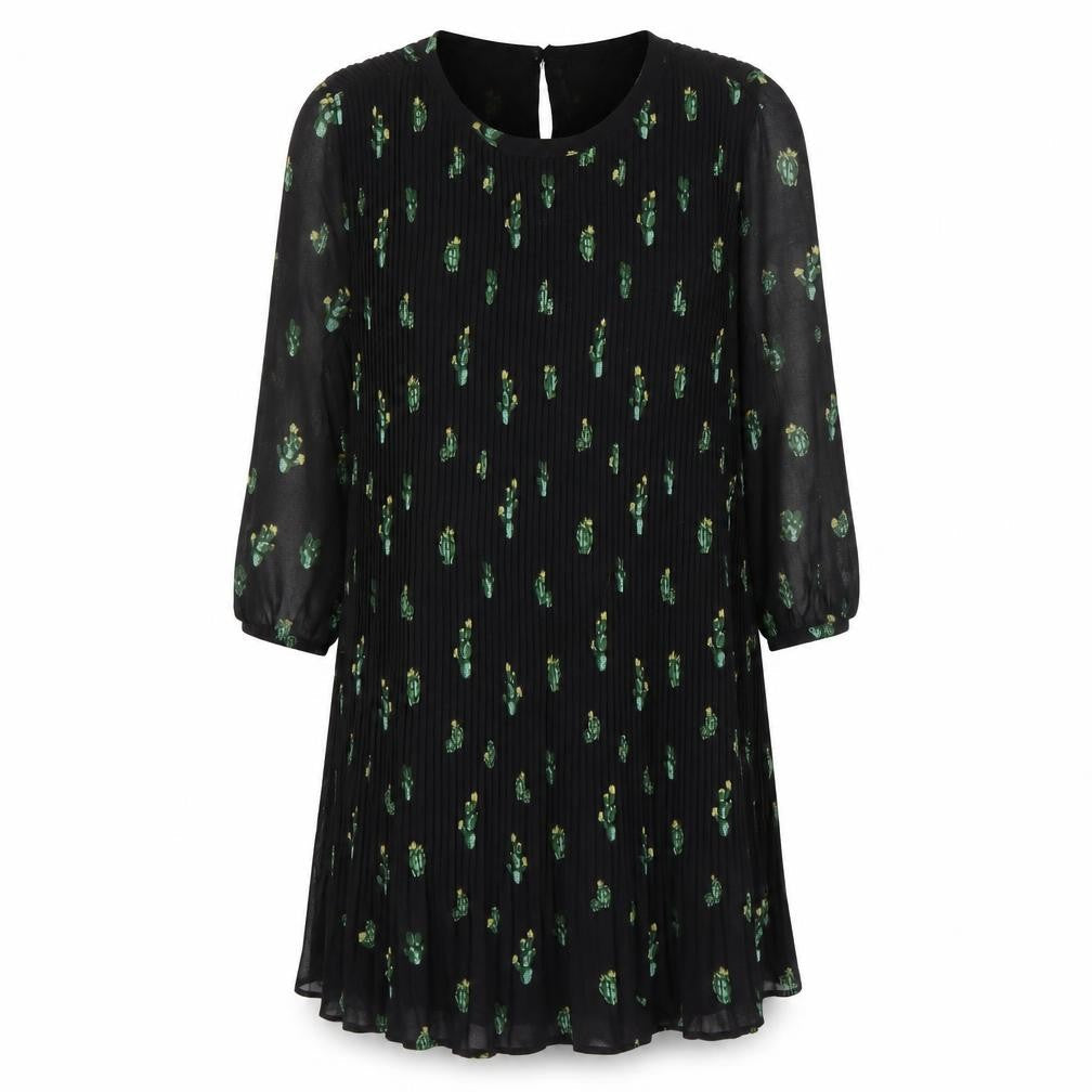 Zara Women Black XS Shift Dress Floral Pleated 3/4 Sleeve