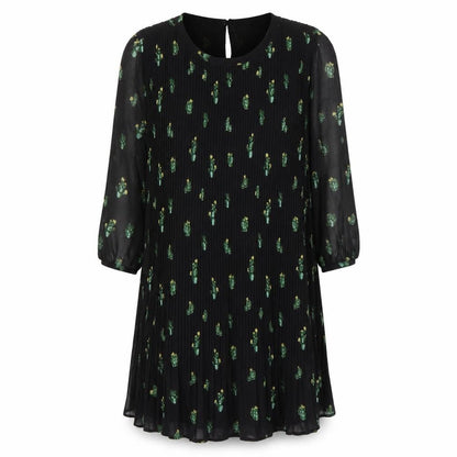 Zara Women Black XS Shift Dress Floral Pleated 3/4 Sleeve