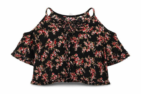 Front view of AND/OR women’s black floral cold shoulder blouse, size UK 12, summer top