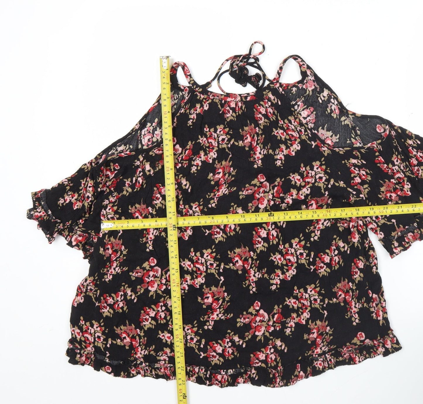 AND/OR Womens Black Floral Cold Shoulder Blouse Size 12 Summer Top
