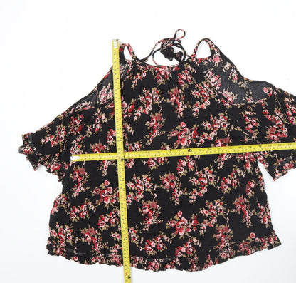 AND/OR Womens Black Floral Cold Shoulder Blouse Size 12 Summer Top