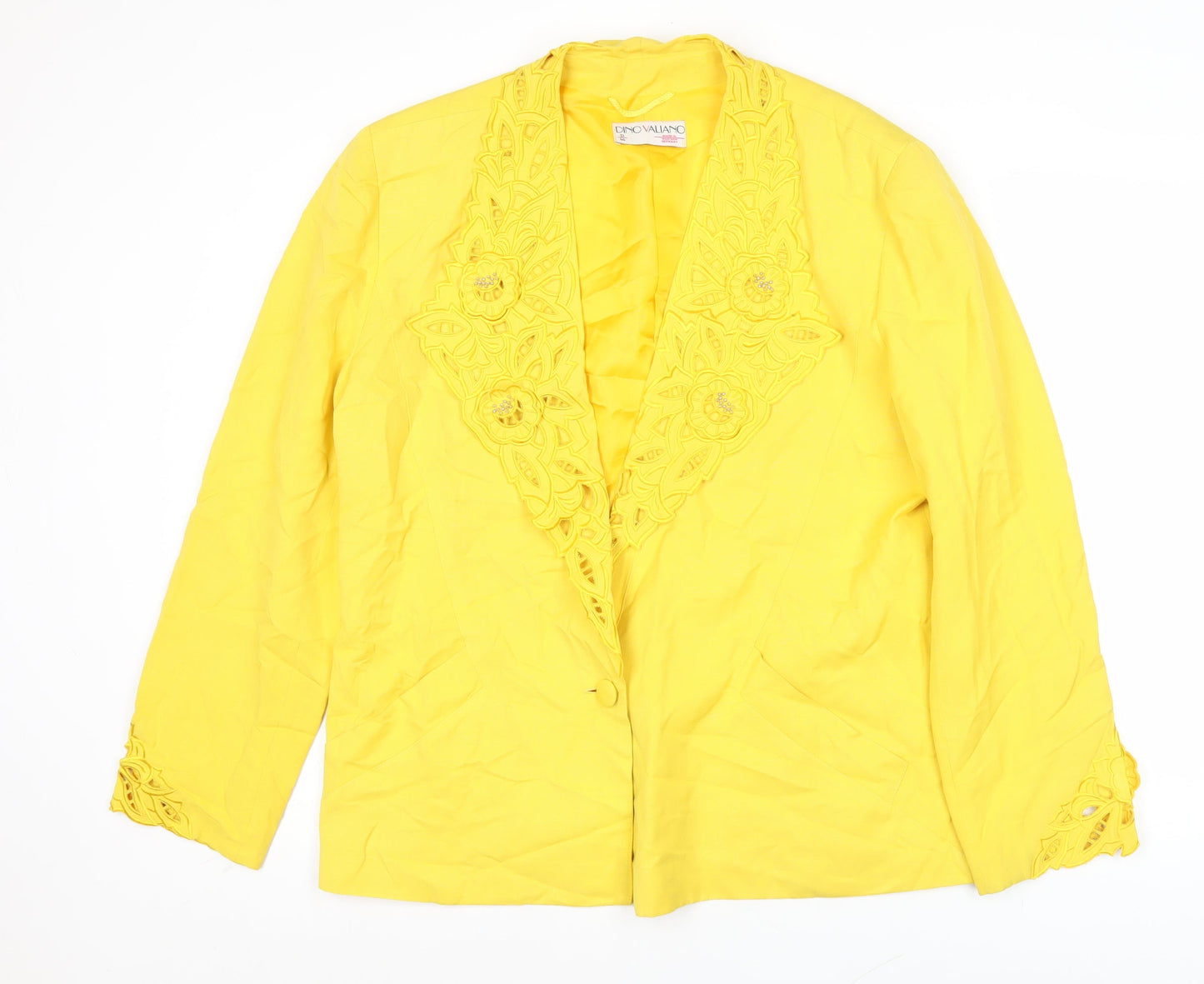 Dino Valiano Womens Yellow Blazer Jacket Size 16 Rayon Linen Vintage