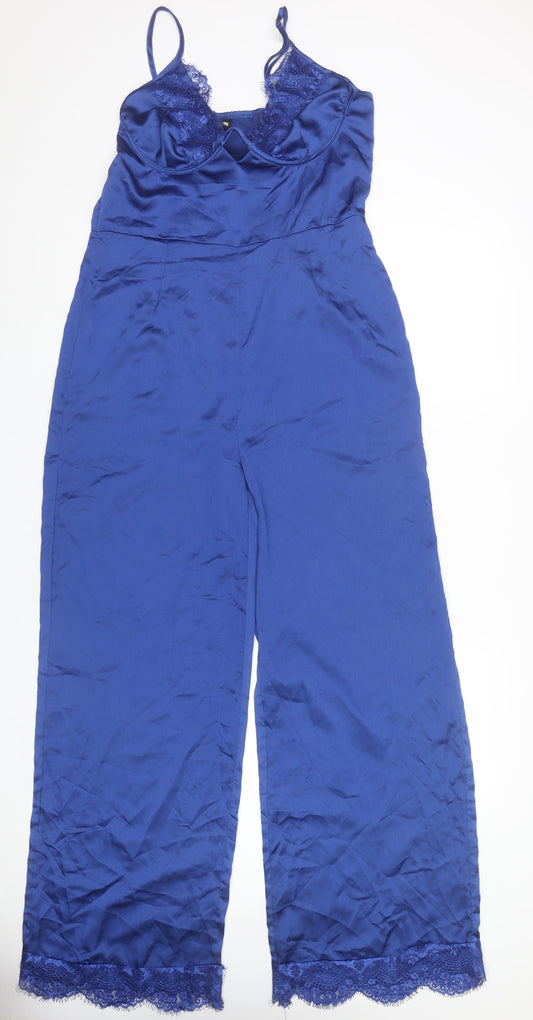 PrettyLittleThing Women’s Blue Lace Satin Jumpsuit Size 14 Wide-Leg