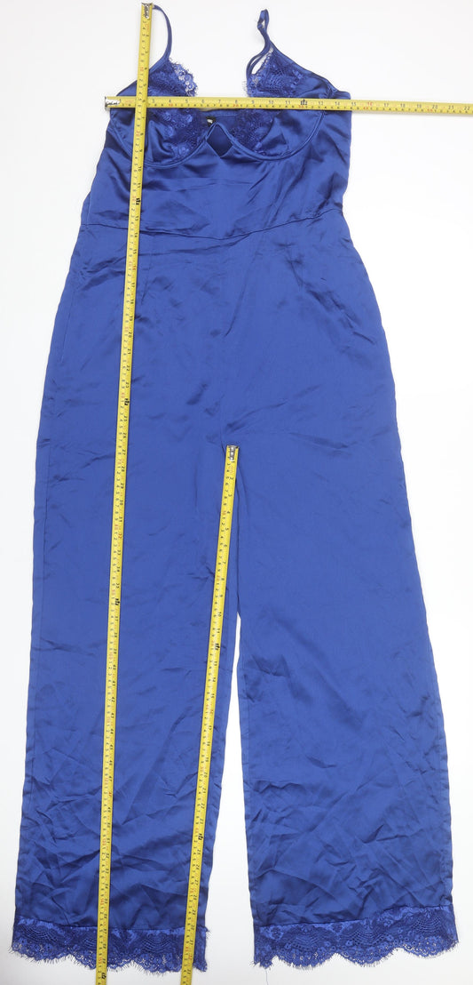 PrettyLittleThing Women’s Blue Lace Satin Jumpsuit Size 14 Wide-Leg