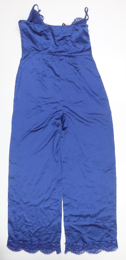 PrettyLittleThing Women’s Blue Lace Satin Jumpsuit Size 14 Wide-Leg