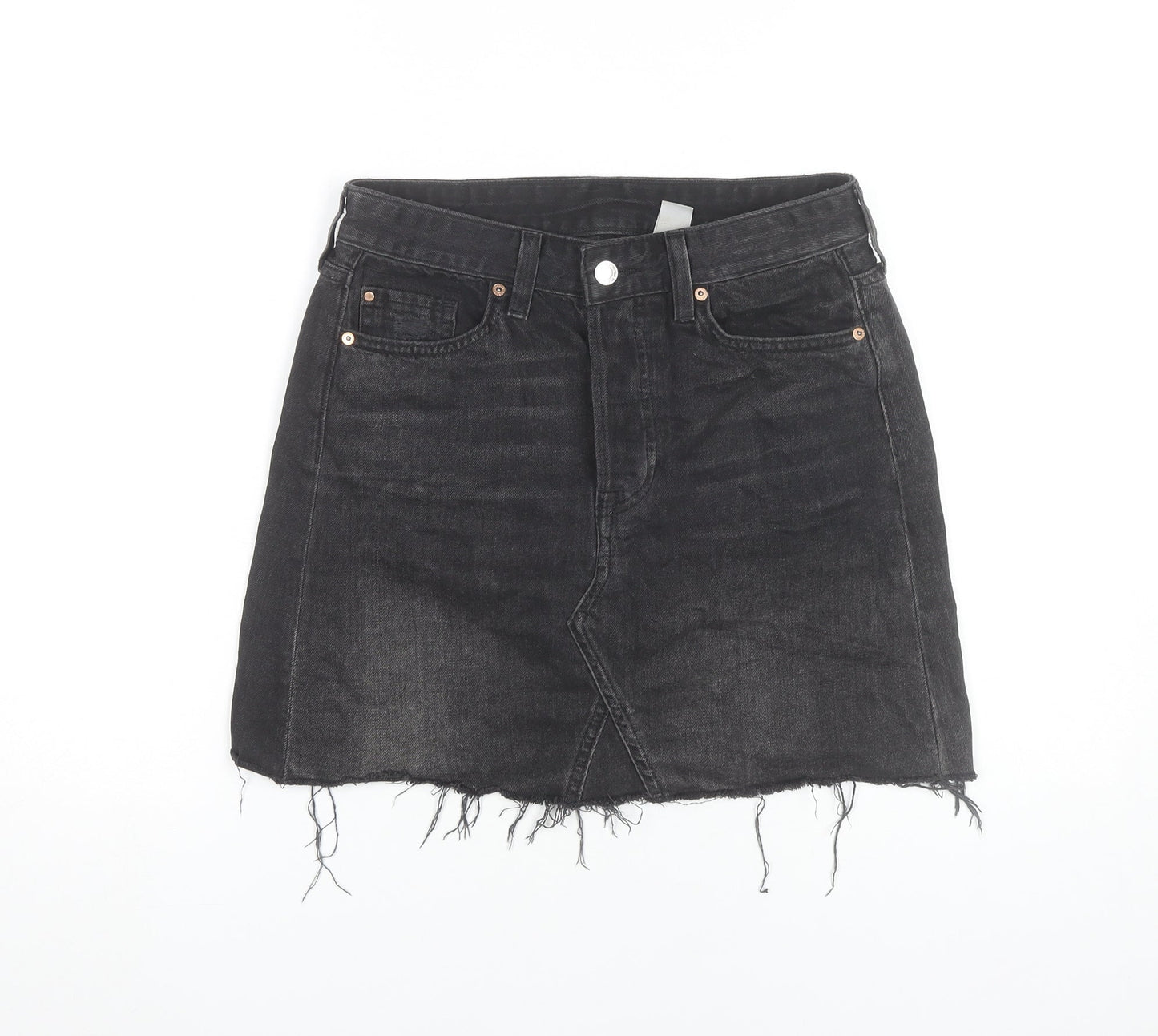 H&M Women Black Denim Skirt Size 8 High Rise Raw Hem Casual
