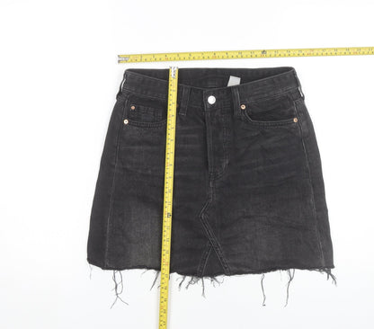 H&M Women Black Denim Skirt Size 8 High Rise Raw Hem Casual