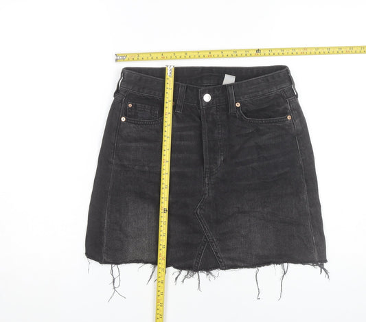 H&M Women Black Denim Skirt Size 8 High Rise Raw Hem Casual