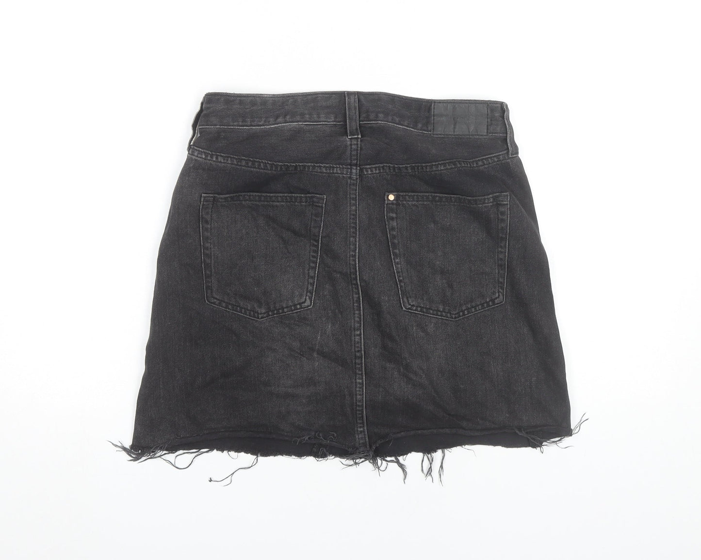 H&M Women Black Denim Skirt Size 8 High Rise Raw Hem Casual