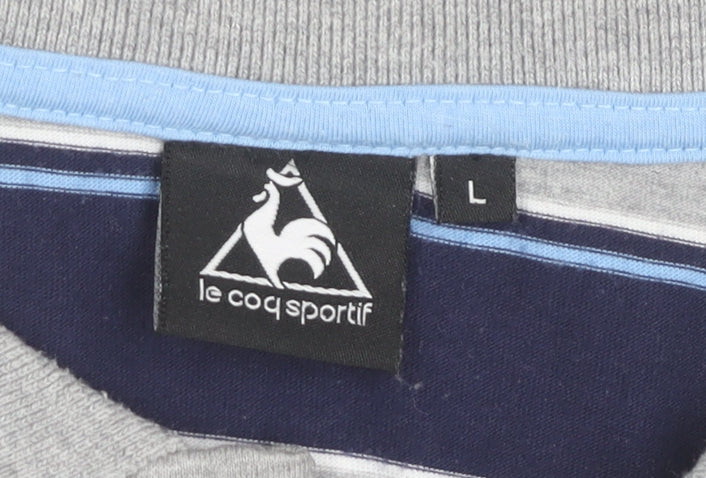 Le Coq Sportif Men’s Grey Blue Striped Polo Shirt Size L