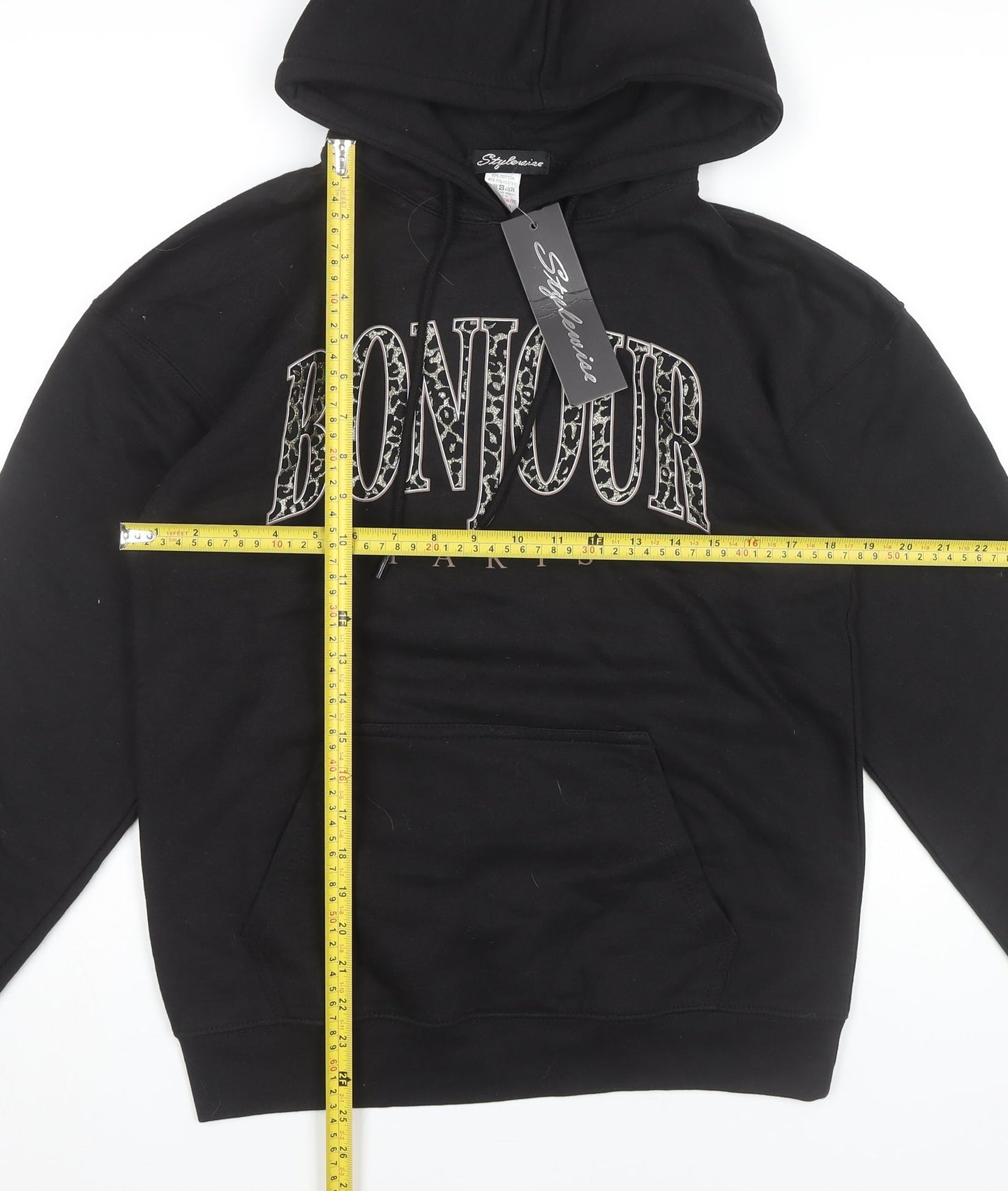 Stylewise Women’s Black XS Pullover Hoodie Bonjour Paris Logo