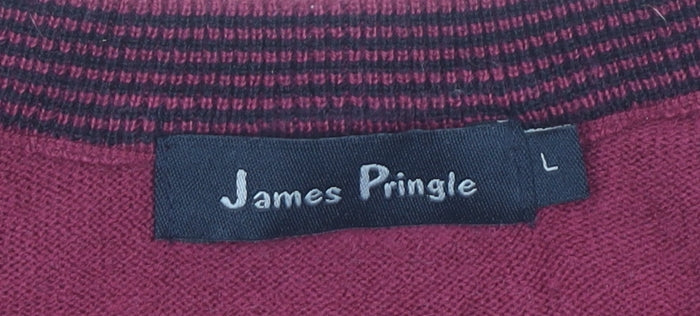 James Pringle Men’s Red V-Neck Knit Jumper L Long Sleeve Pullover