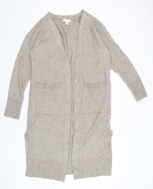 H&M Women’s Beige Cardigan XS Longline Knit Open Front Pockets