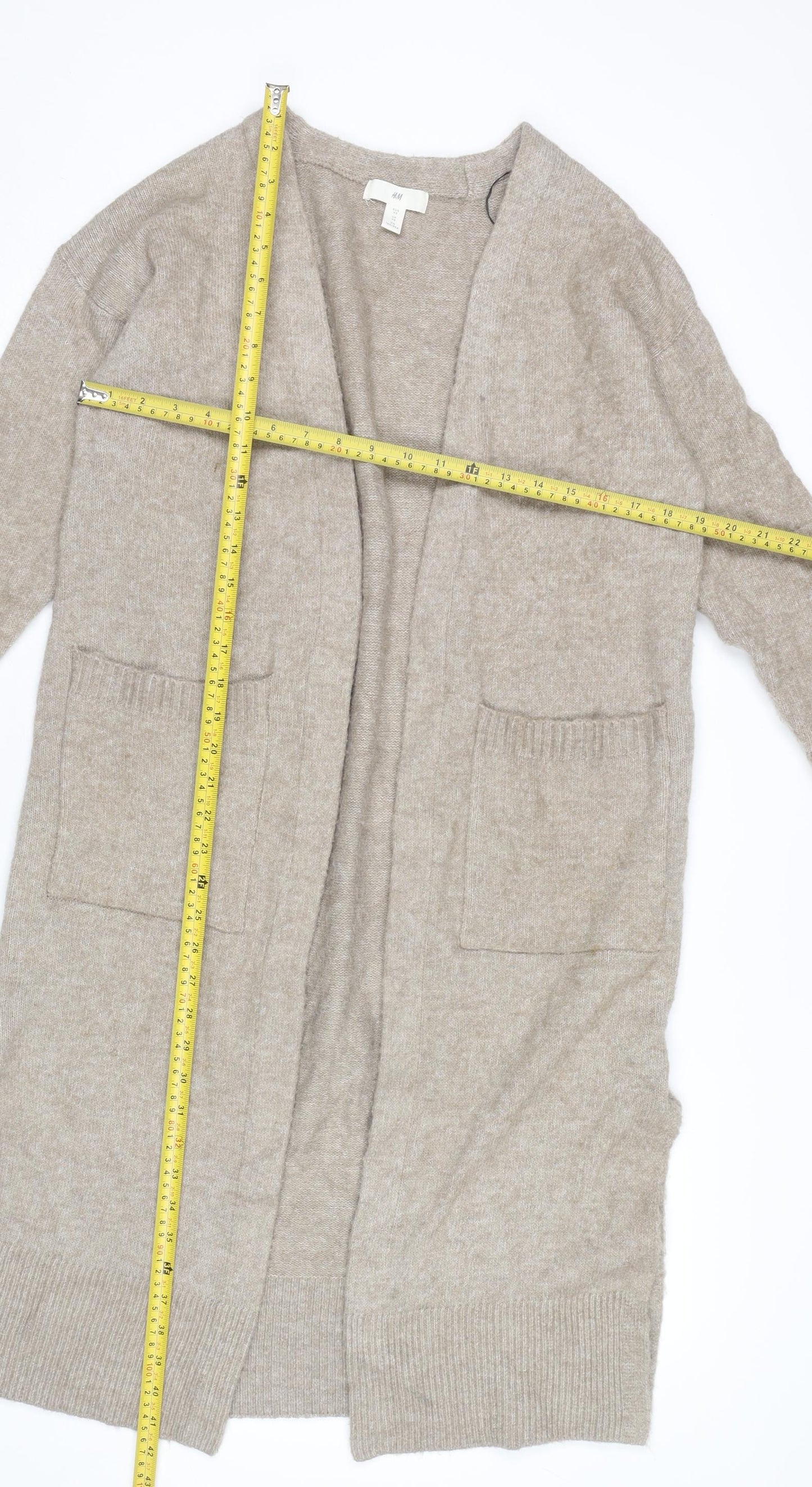 H&M Women’s Beige Cardigan XS Longline Knit Open Front Pockets