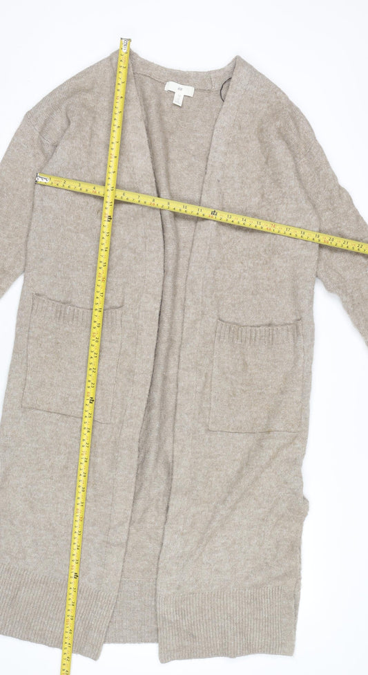 H&M Women’s Beige Cardigan XS Longline Knit Open Front Pockets