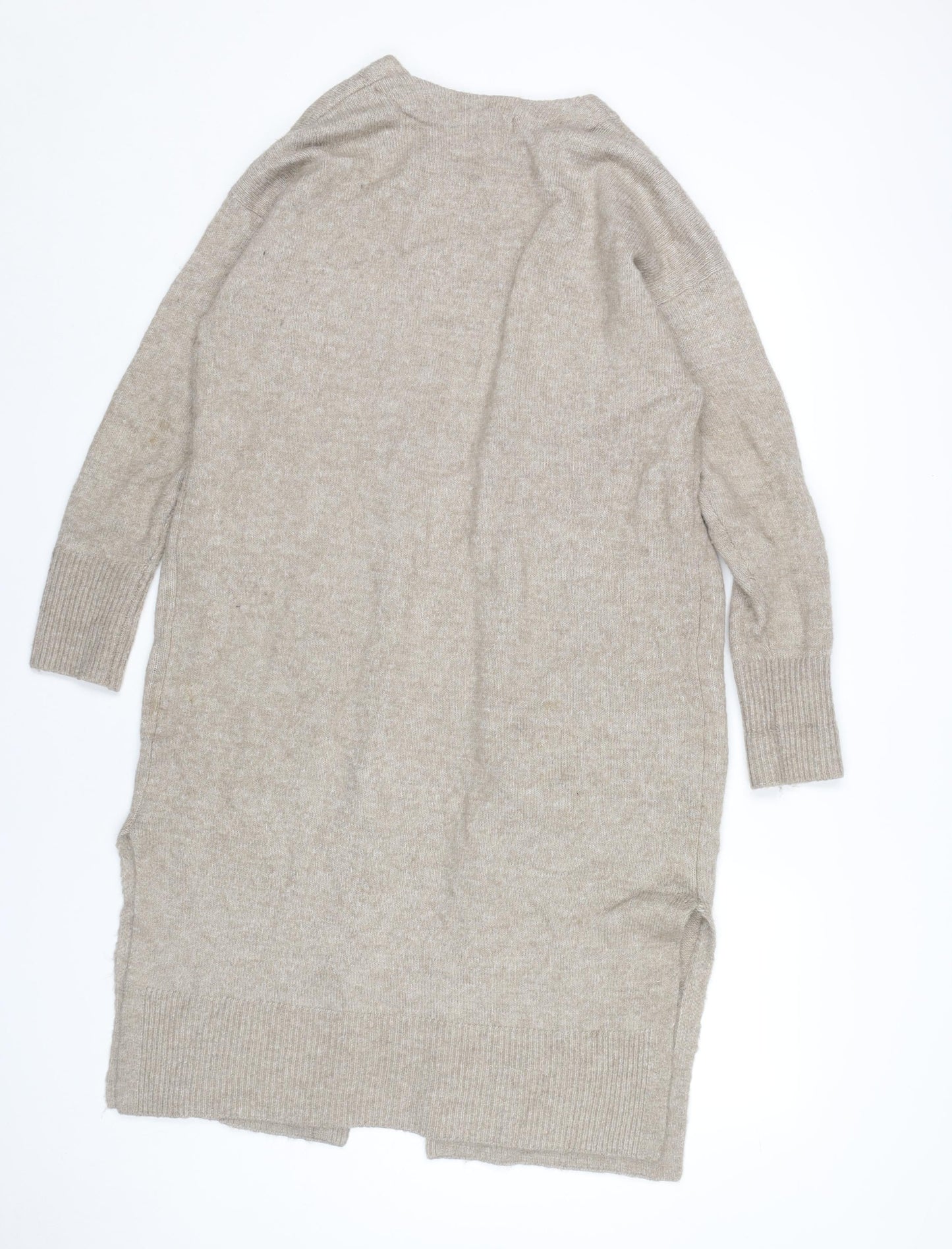 H&M Women’s Beige Cardigan XS Longline Knit Open Front Pockets