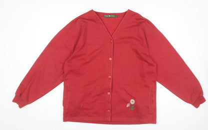Village Green Womens Red Cotton Cardigan L Embroidered V-Neck