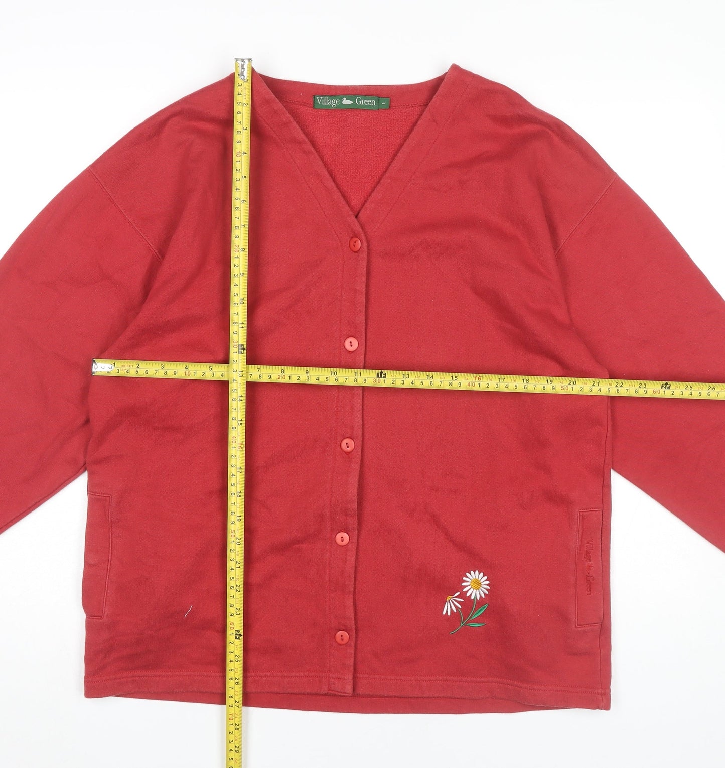 Village Green Womens Red Cotton Cardigan L Embroidered V-Neck