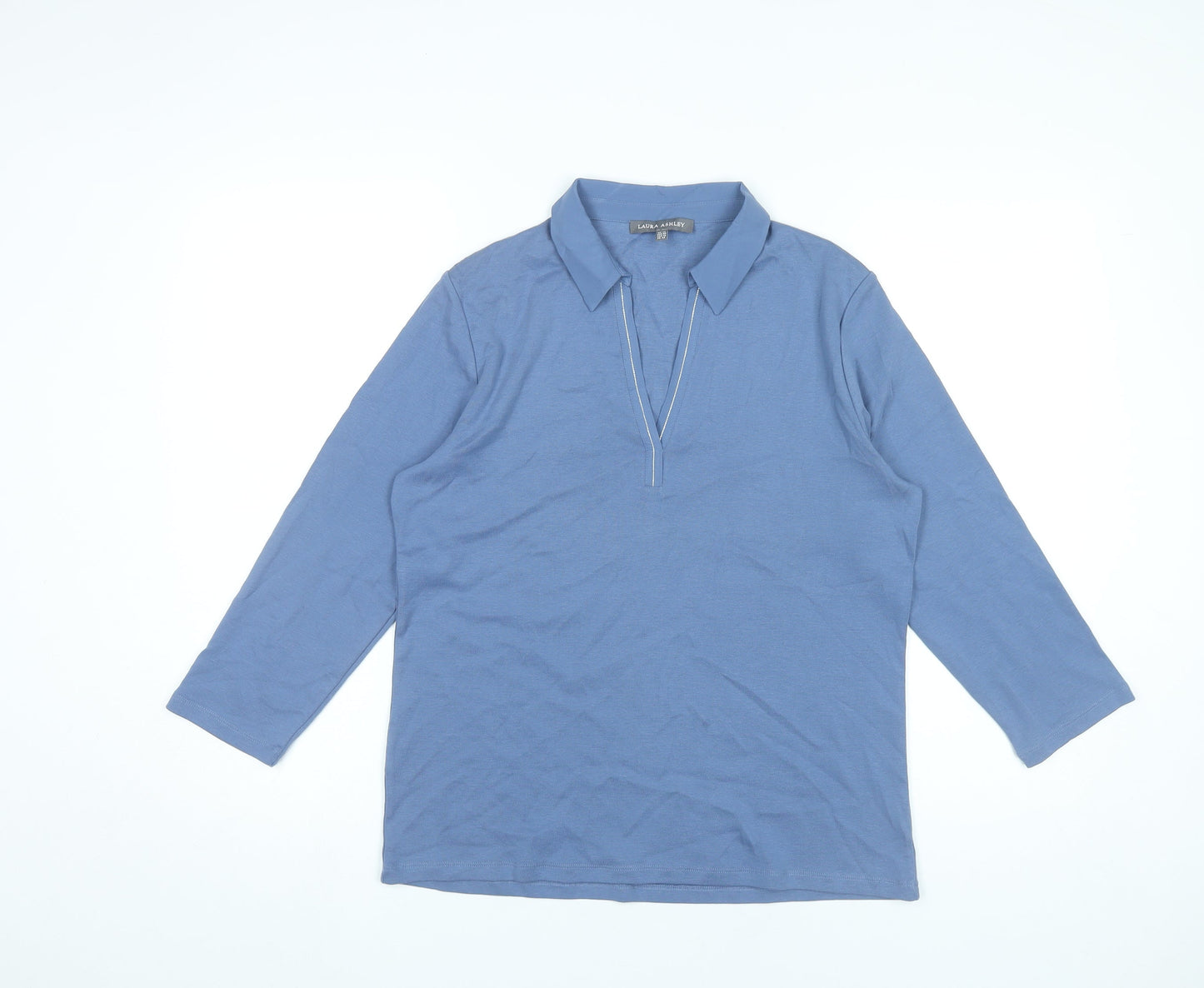 Laura Ashley Womens Blue Cotton Collared 3/4 Sleeve Top UK 14
