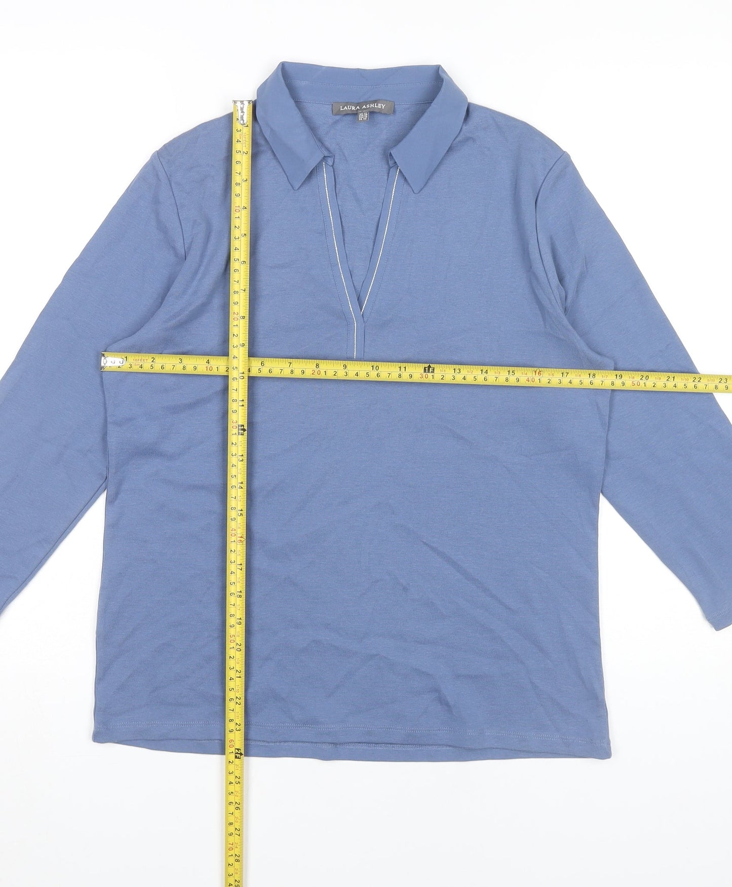 Laura Ashley Womens Blue Cotton Collared 3/4 Sleeve Top UK 14