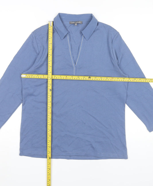 Laura Ashley Womens Blue Cotton Collared 3/4 Sleeve Top UK 14