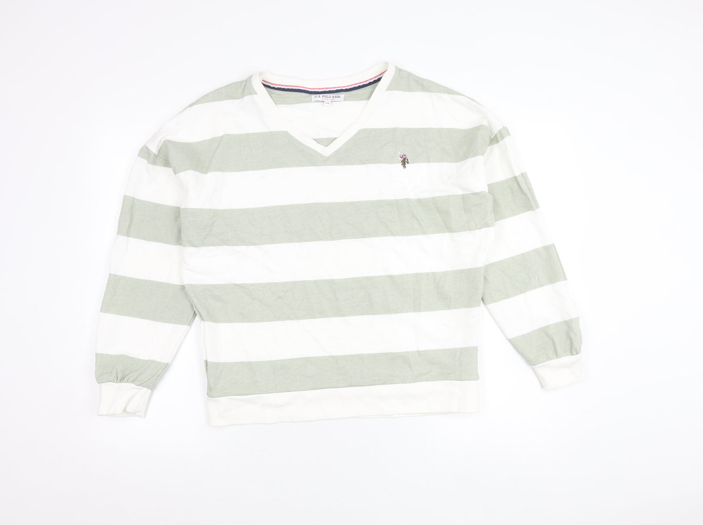 U.S. Polo Assn. Womens Green White Striped V-Neck Sweatshirt Size 10