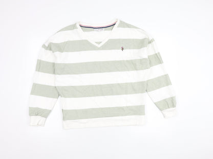 U.S. Polo Assn. Womens Green White Striped V-Neck Sweatshirt Size 10
