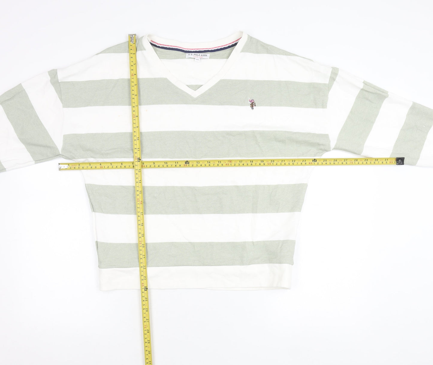 U.S. Polo Assn. Womens Green White Striped V-Neck Sweatshirt Size 10