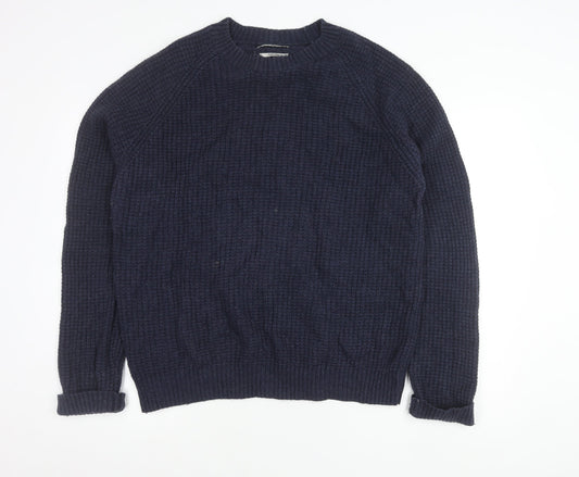 MNG Men’s Blue Wool Blend XL Waffle Knit Crew Pullover Jumper