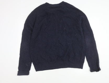 MNG Men’s Blue Wool Blend XL Waffle Knit Crew Pullover Jumper
