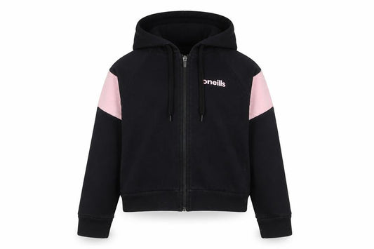 Front view of O’Neills girls’ black hoodie jacket 12 years cotton blend zip up casual