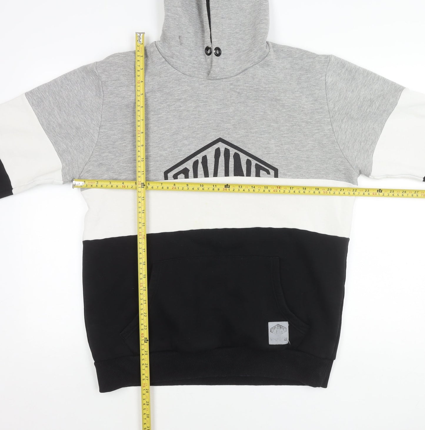 Divine Mens Grey White Black Colour Block Pullover Hoodie Size L