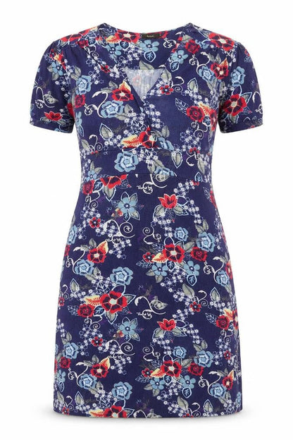 Amari Women’s Blue Floral Sheath Dress Size 8 Short Sleeve V-Neck