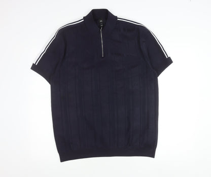 River Island Men’s 2XL Blue Striped Knit Half Zip T-Shirt