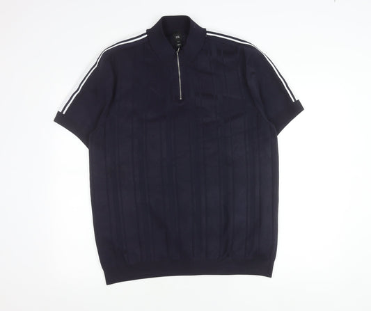River Island Men’s 2XL Blue Striped Knit Half Zip T-Shirt