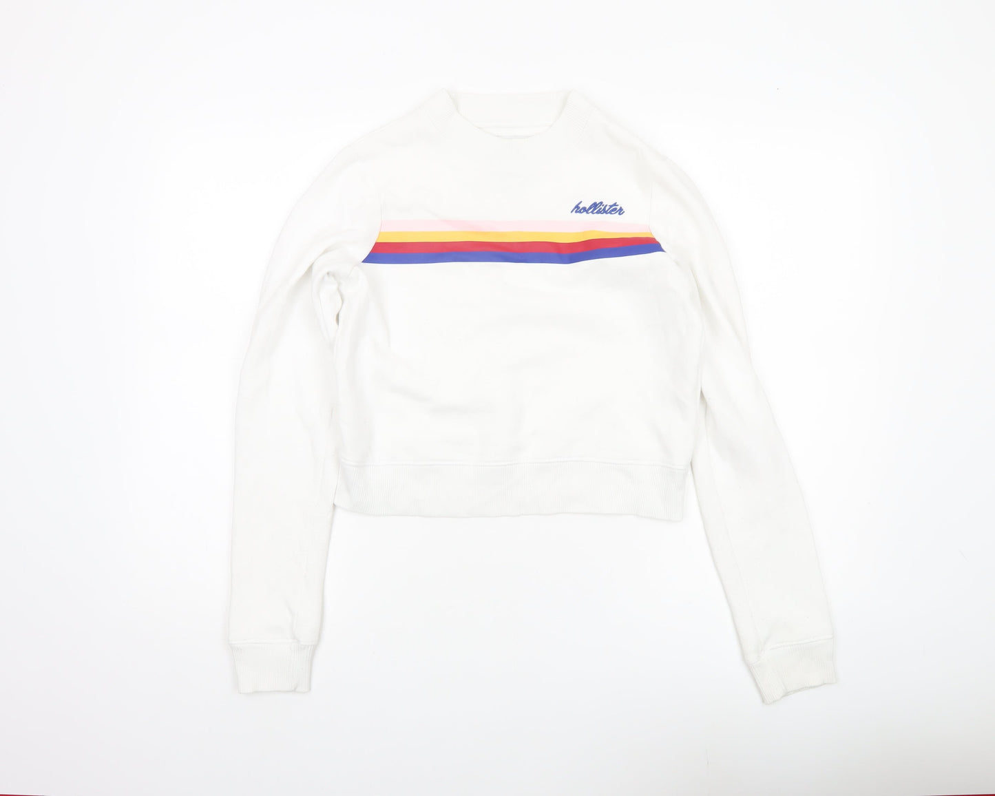 Hollister Womens White XS Crew Neck Sweatshirt Rainbow Stripe Cotton Blend