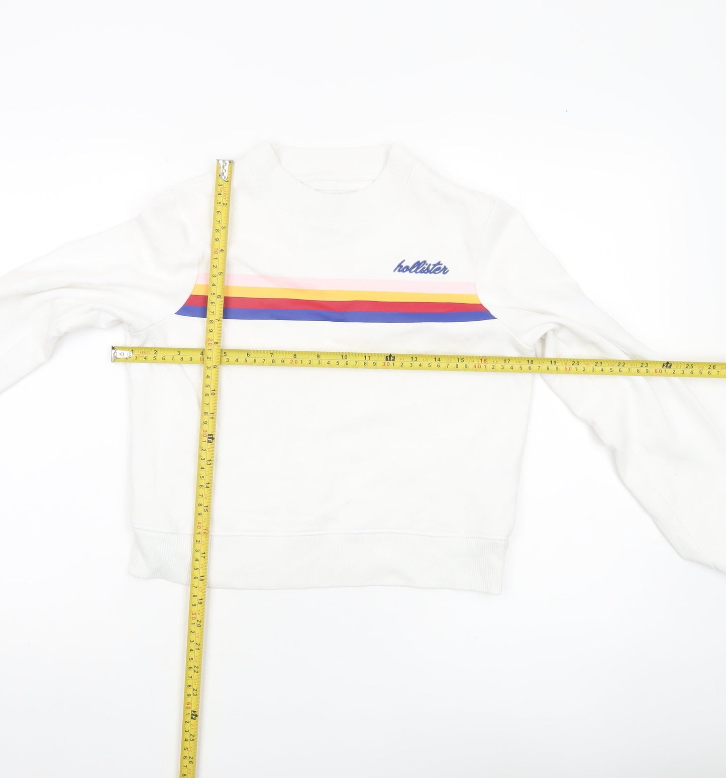 Hollister Womens White XS Crew Neck Sweatshirt Rainbow Stripe Cotton Blend